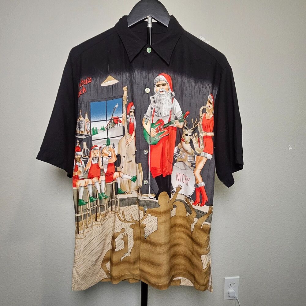 Tori Richard Santa Christmas Hawaiian Shirt Mens Medium Black Novelty Band Party